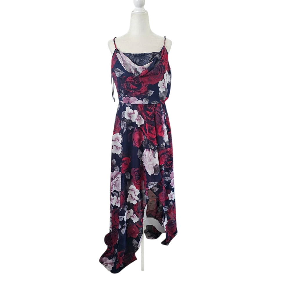City Triangles  Navy Cowl Neck Spaghetti Strap Hi Low Floral Dress Size 14